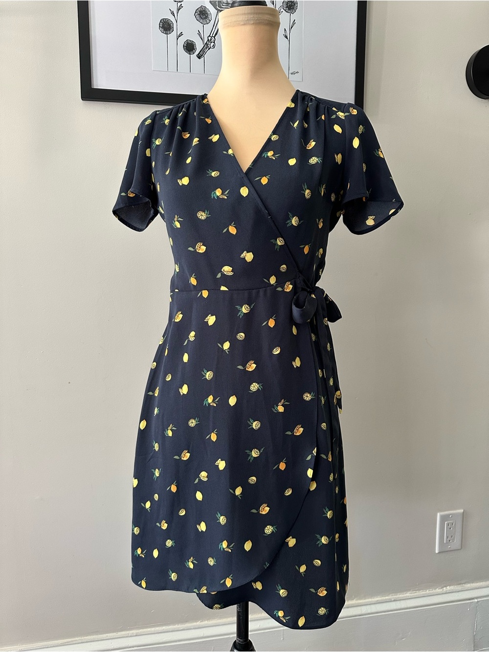 J.CREW Navy Fruit Print Wrap Dress V-Neck Flutter Short Sleeve Tie Waist 00